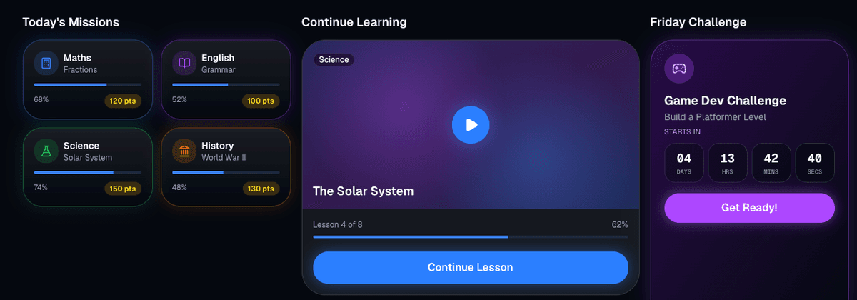 screenshot of the student dashboard middle row with missions continue learning and friday challenge countdown