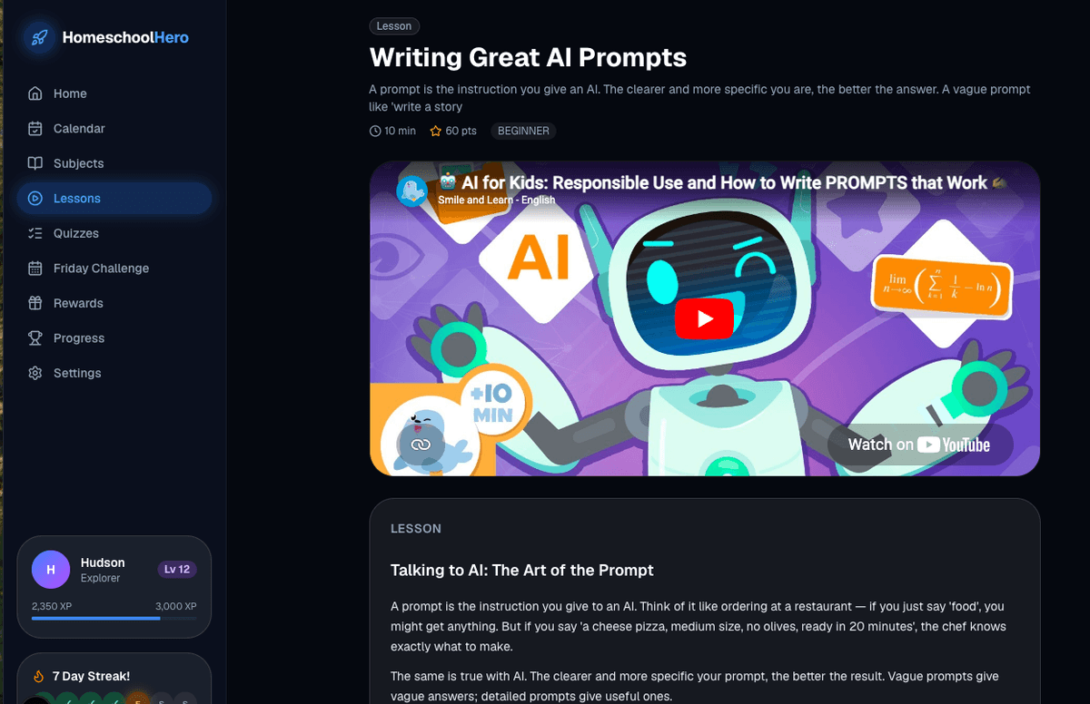 screenshot of a lesson page with the embedded youtube player and lesson notes