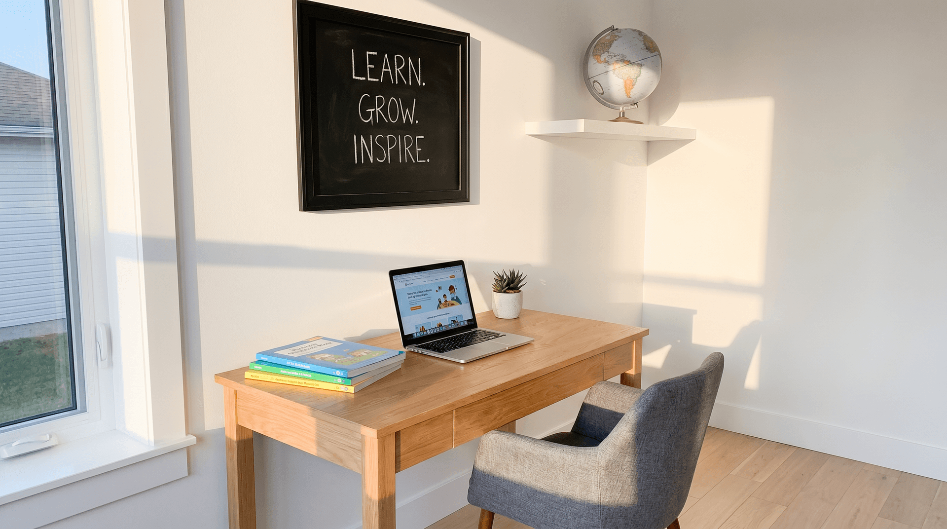 A minimalist clean design showing a cozy homeschoo